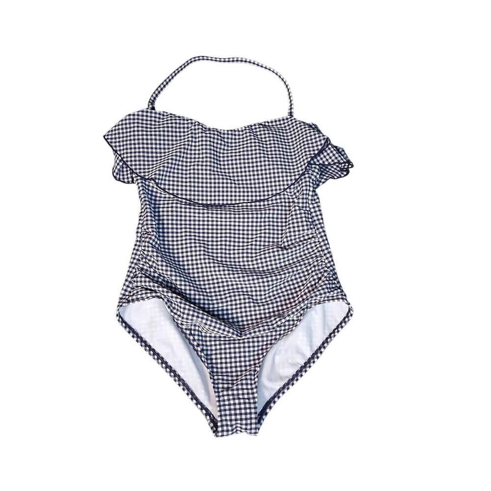Kona Sol Size M Black & White Gingham Swimsuit One Piece Classic Prep Ruffle Top